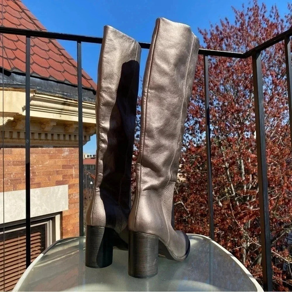 New Free People Grayson Tall Knee High Boots Leather Heeled Pewter Metallic - Picture 8 of 12